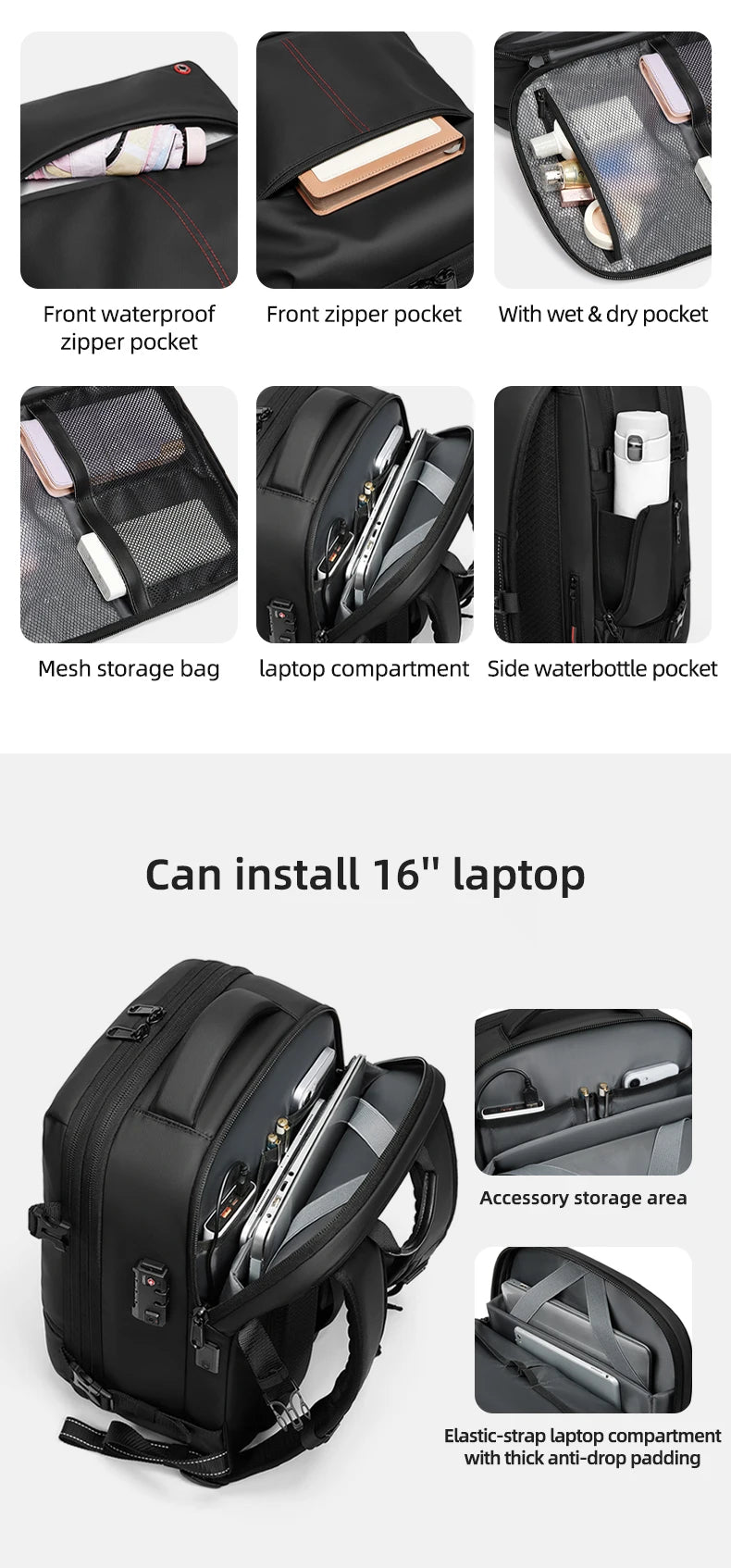 Travel casual Backpack 16 inch vacuum compression Laptop Backpack USB charging school Backpack Extended Hiking Business backpack